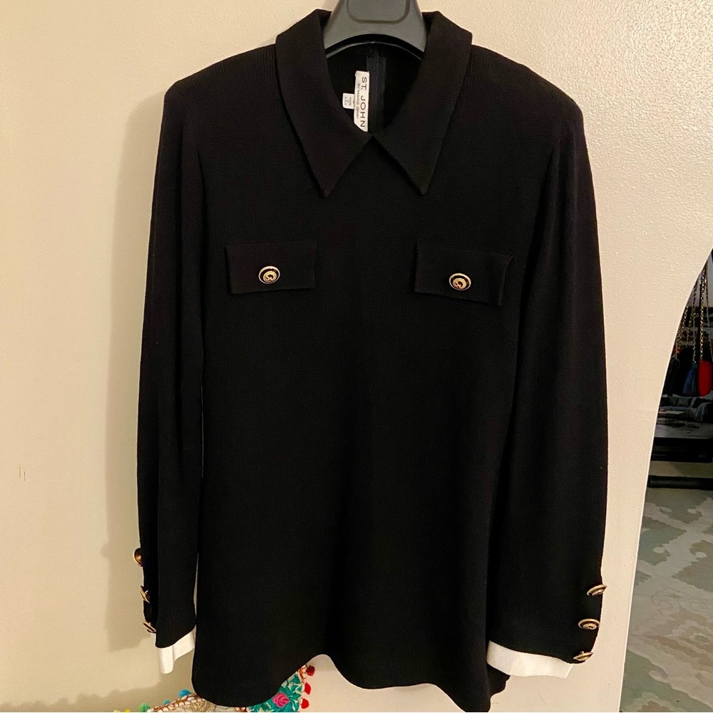St. John Black Long Sleeve Tunic Sweater with Gold SJ Logo Button Accents